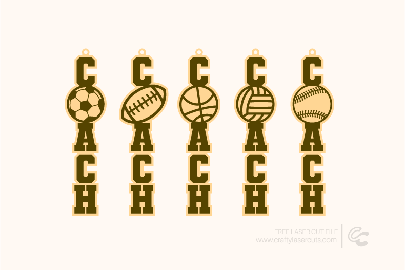 Sports coach keychain laser cut SVG set with football, soccer, basketball, volleyball, and baseball designs, perfect for gifts and sports décor.