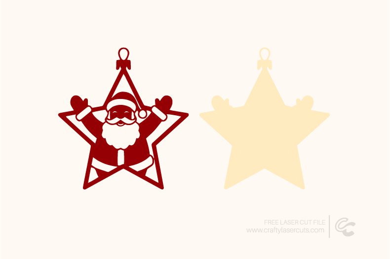 Santa star ornament SVG laser cut design with Santa inside a star shape, perfect for Santa ornaments, Christmas tree décor, and festive holiday crafts.