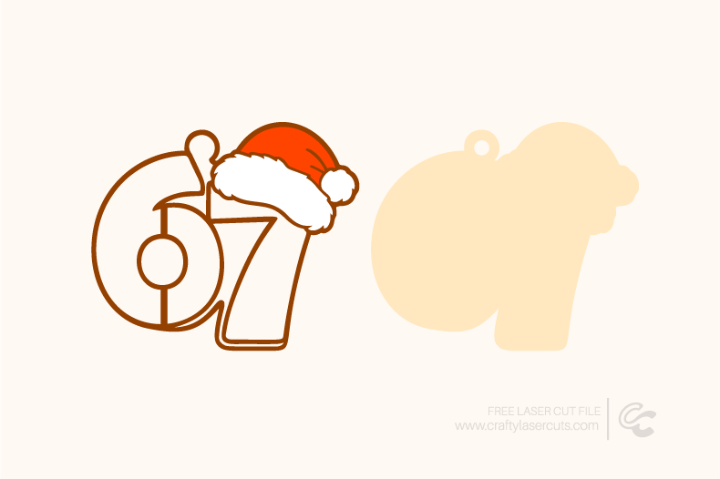 Six Seven SVG laser cut design showing number 67 with Santa hat, perfect for Christmas number ornaments, personalized holiday décor, and festive crafts.