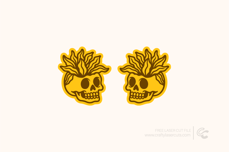 Terracotta skull earring SVG laser cut design featuring leafy-crown skull studs, perfect for gothic earrings, Halloween jewelry, and handmade accessories.